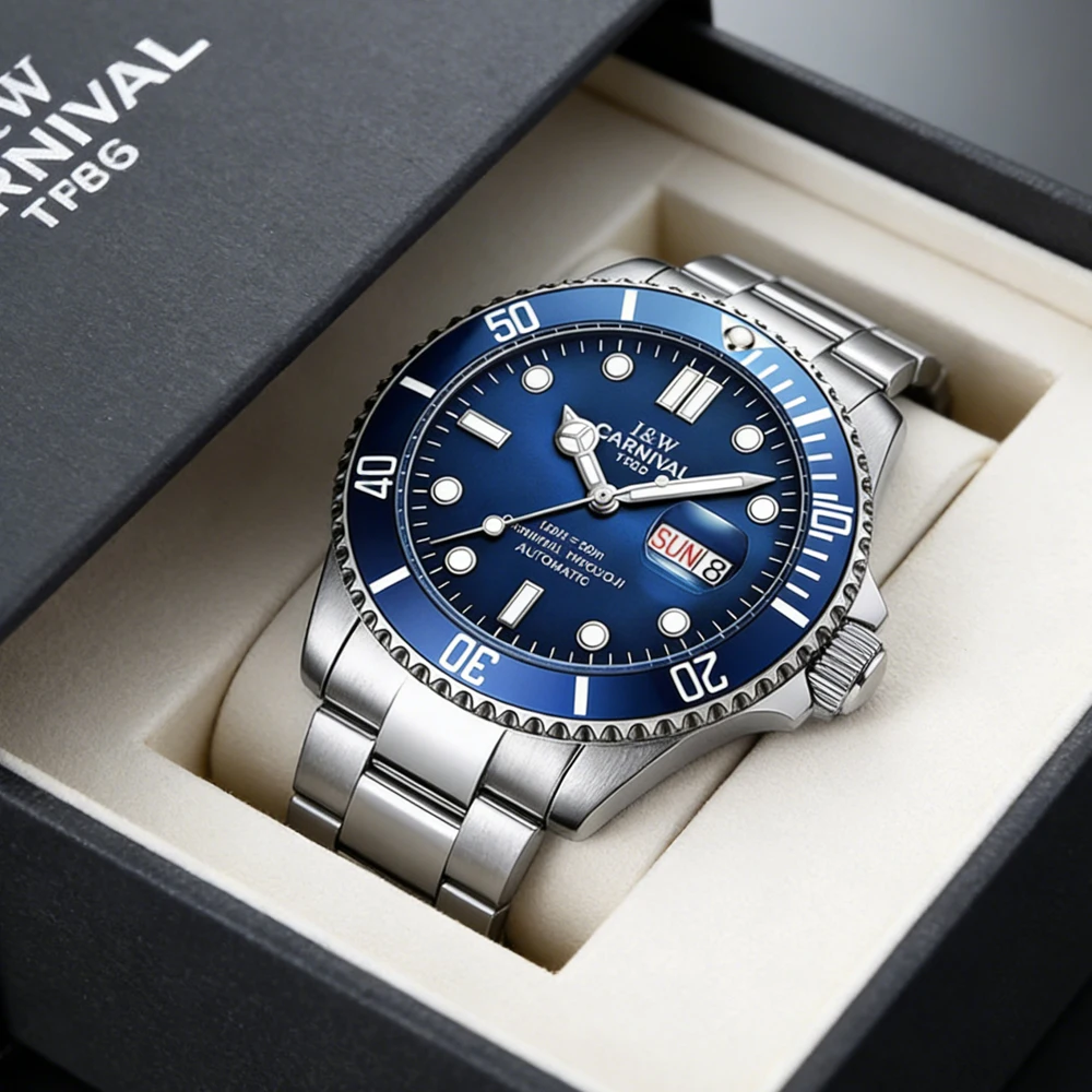 

Мужские механические часы Carnival: модные, простые, из нержавеющей стали, автоматические, светящиеся, водонепроницаемые, с отображением дня недели и даты, люксовые