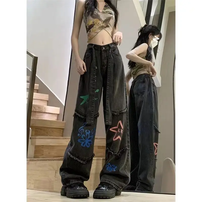 Tassel Printed High Waist Straight Jeans American Retro Streetwear Trousers Women\'S Casual Loose Wide Leg Denim Trousers