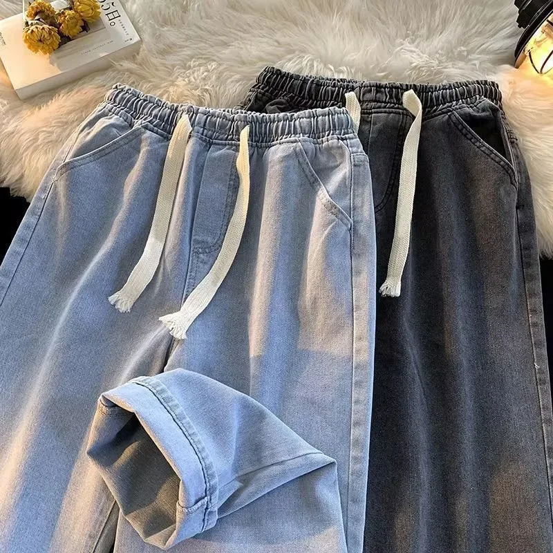

Trendy Southeast Asian Elastic Waist Straight Leg Jeans Men Summer Korean Sle Loose Wide Leg Casual Long Pants