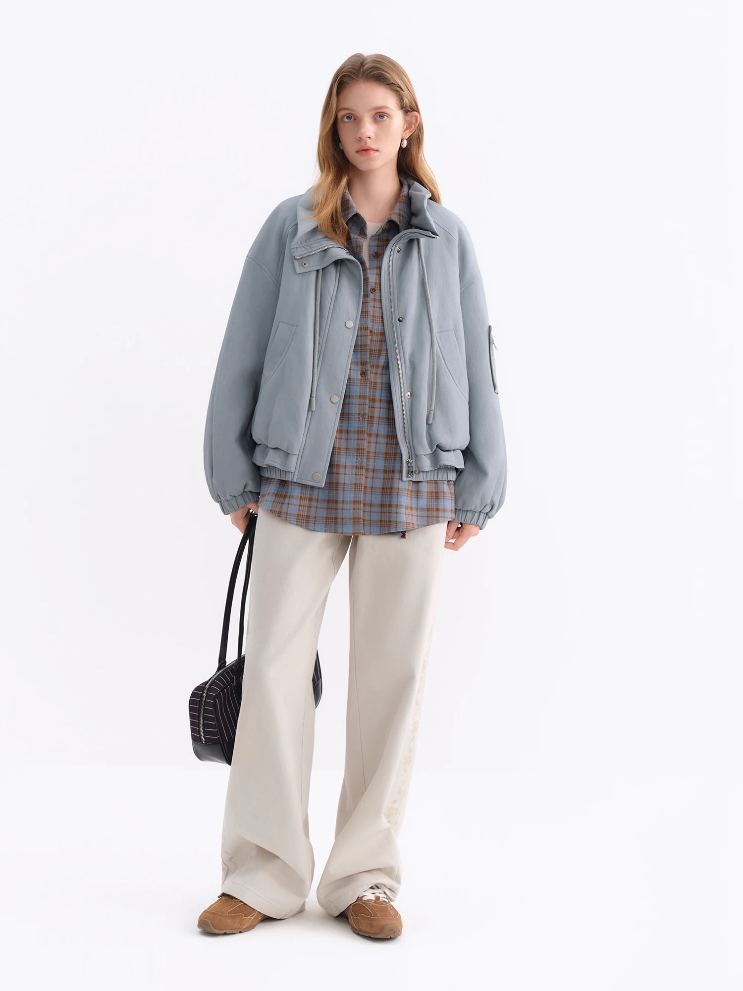 FSLE ソフトグルテンプロテインレザーショートダウンジャケット 2025 冬の新スタイルジャケットライトブルークロップドトップスソリッドルーズレジャー