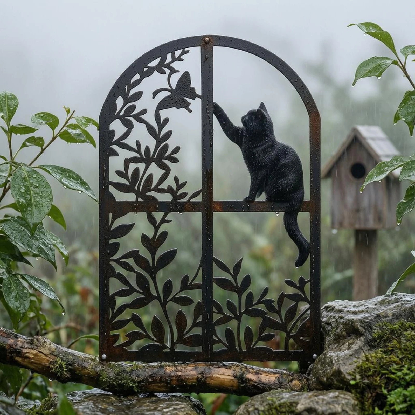 Black Metal Feline Wall Art Cutout Feline Butterfly Wall Art Home Decor Arched Large