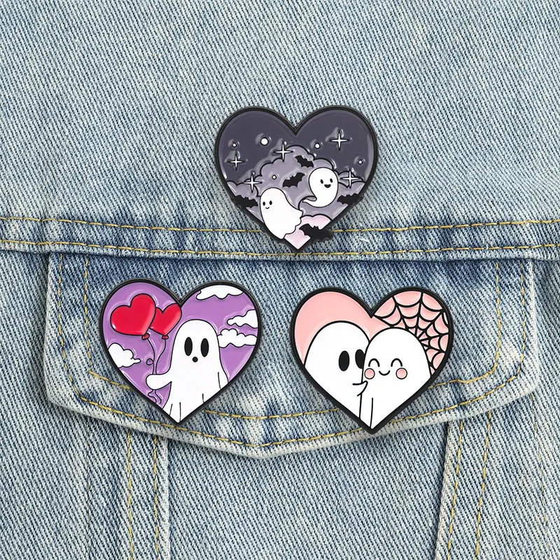 Sweet Spooky Halloween Badges Hugging Ghost Sewing Craft Bat Heart Enamel Pin Creepy Dark Punk Brooch Accessories