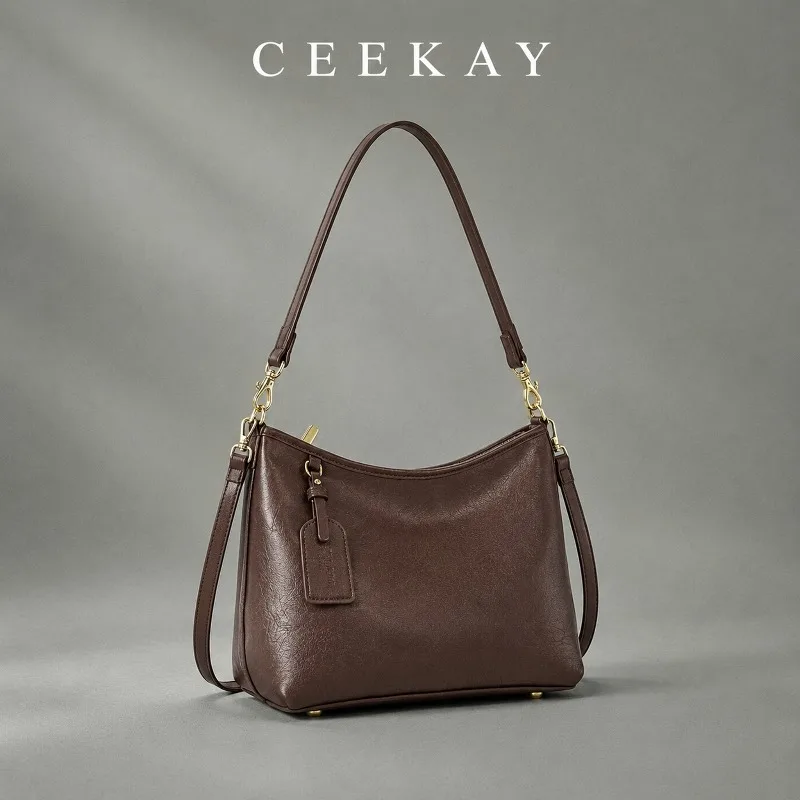 CEEKAY Leather Hobo Bag Zipper Metal Ring Charm Pendant Versatile Everyday Commute Casual Large Capacity Shoulder Purse Women