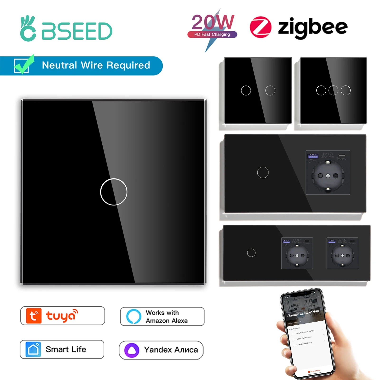 BSEED Zigbee 1/2/3Gang Touch Light Switches Plus 20W Type-c USB Sockets Glass Wall Switch Tuya Smart Life Alexa Yandex Control