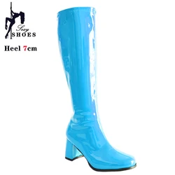 7cm Custom Colors Gogo Boots 60s 70s Square Heel Knee-High Party Boots Sexy Retro Zip Women Cross Dressing Gothi Shoe Large Size