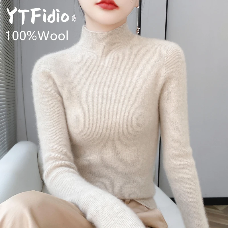 YTFidio 100% wełna Kobiety Pionowe paski Półwysoki kołnierz Mock Neck Swetry z długim rękawem Solidny sweter Dzianina Basic 98