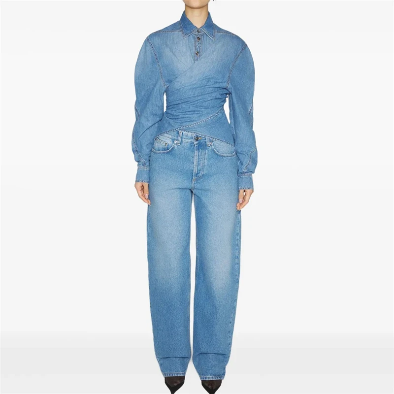 Veste en jean à revers et cravate croisée pour femme, haut en denim à simple boutonnage, y2k, de haute qualité, à la mode et élégante, en pur coton lavé, nouvelle collection automne