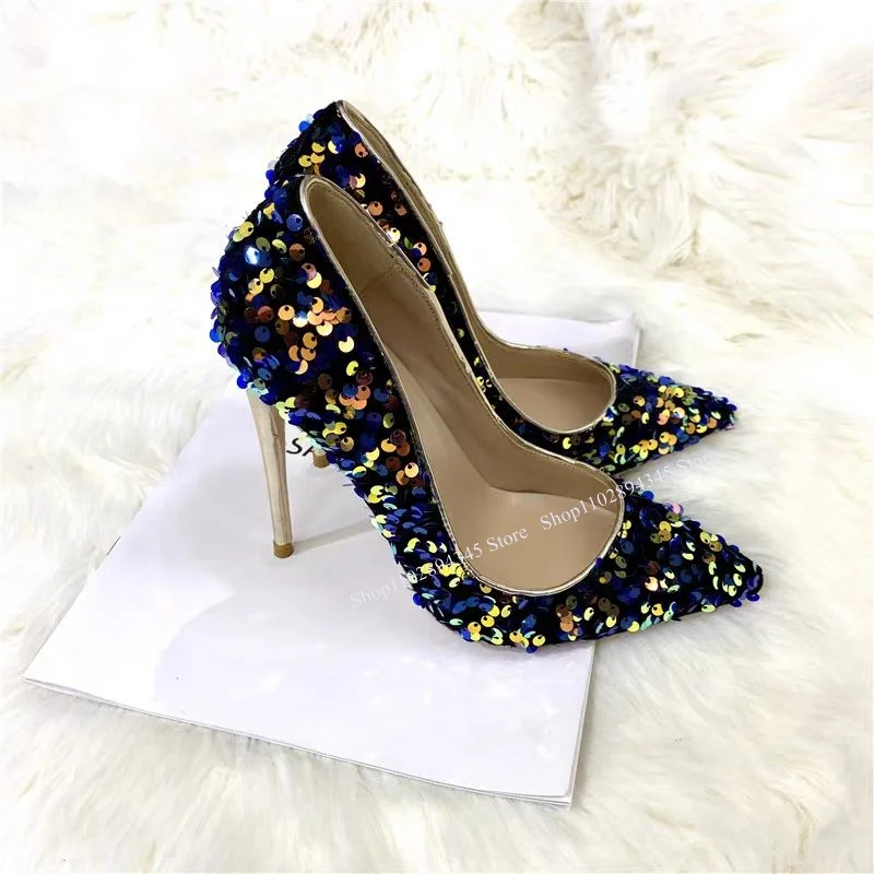 

Black Glitter Slip On Shallow Pumps Thin High Heel Pointed Toe Fashion Sexy Summer Big Size 2024 Woman Shoes Zapatillas Mujer