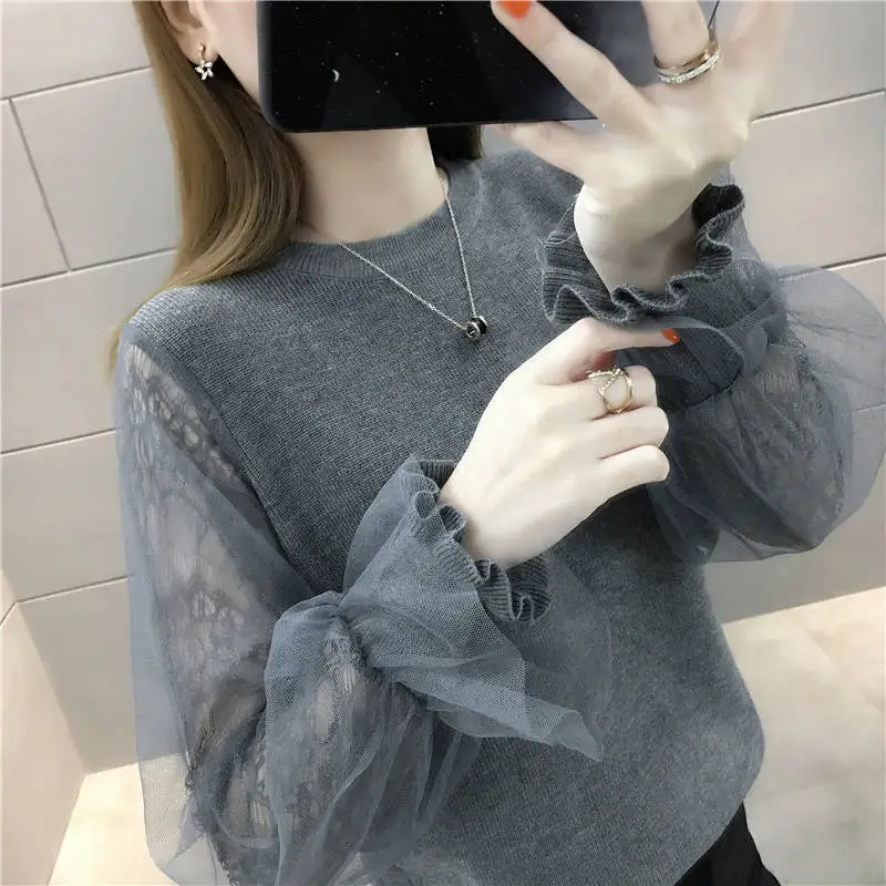 Woman Sweaters Mesh Lace Stitching Knitwear Short Sweater Women\'s Top Femme Chandails Pull Hiver