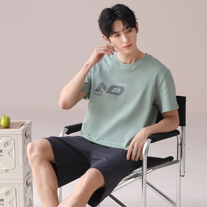 Set piyama lengan pendek pria musim panas terbaru pakaian tidur Modal pria