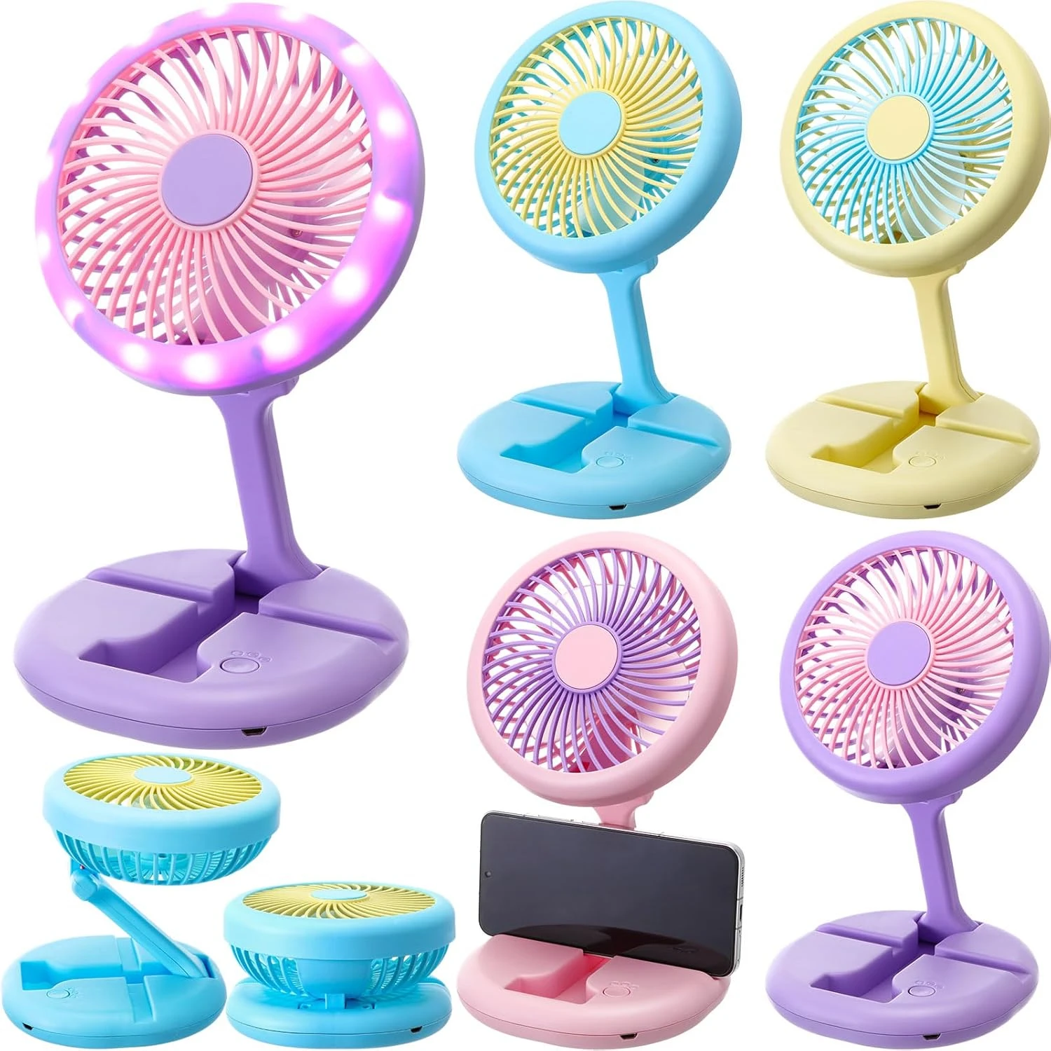 4 Pack LED Portable Fan USB Rechargeable Personal Eyelash Dryer Fan Makeup Fan for Women 2 Speeds Desk Table Fan Telescopic Camp