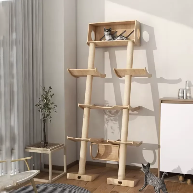No Drills Needed Large Indoor Wooden Cat Tree Lean on Wall Steady Solid Cat Climbing Frame Against the Wall for Cats