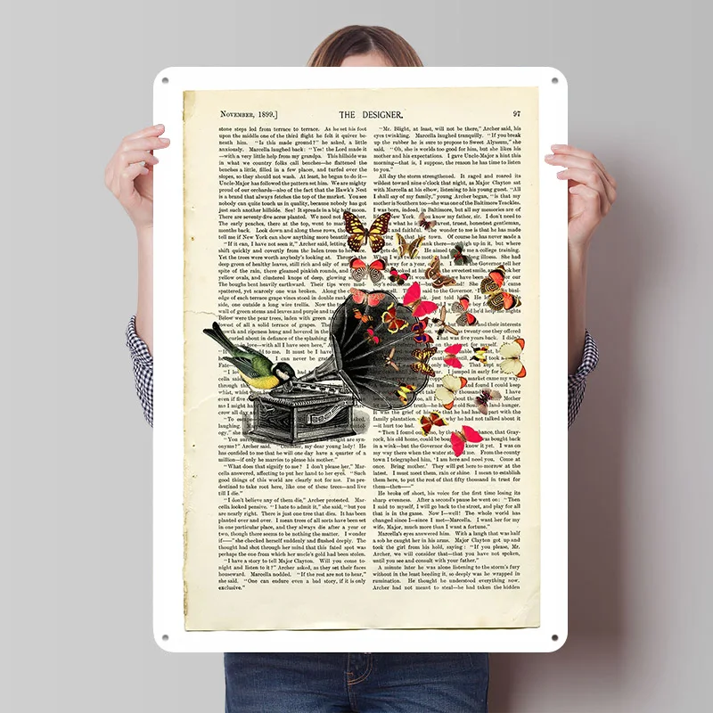 Vintage Gramophone With Butterfly Collage Tin Plaque Poster Customized Retro Wall Art Vintage Metal Signs for Room Home Decor