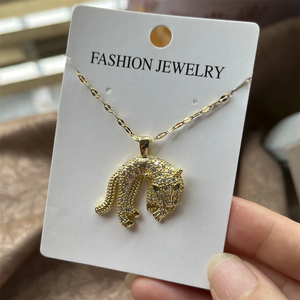 Hip Hop Leopard Stainless Steel Chain Necklace Personality Zircon Filled Titanium Steel Leopard Animal Jewelry For Women