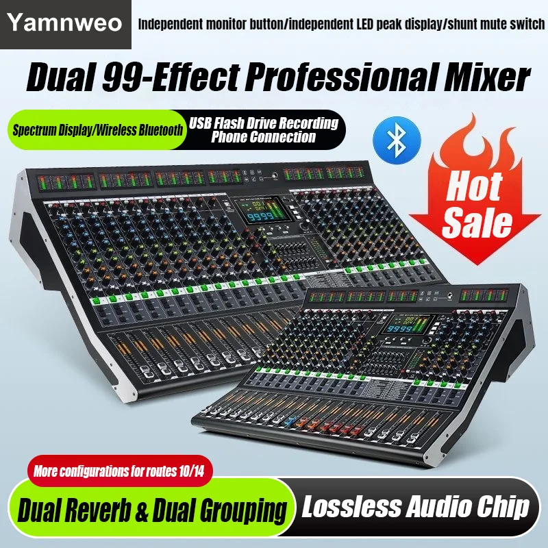 YAMNWEO Professional 10-Channel Mixer with 99 DSP Reverb Effects, Professional Audio Mixing Console with Bluetooth and USB, 7-Band Equalizer, High, Mid, Low Tone Adjustment, Suitable for Stage, Bar, DJ, Outdoor Performances, LVD Large Display Screen