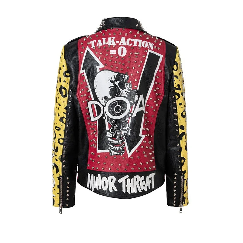 Jaqueta de couro com estampa grafite feminina e masculina, rebites punk streetwear, contraste costurado, jaquetas de motocicleta falsa, 2021