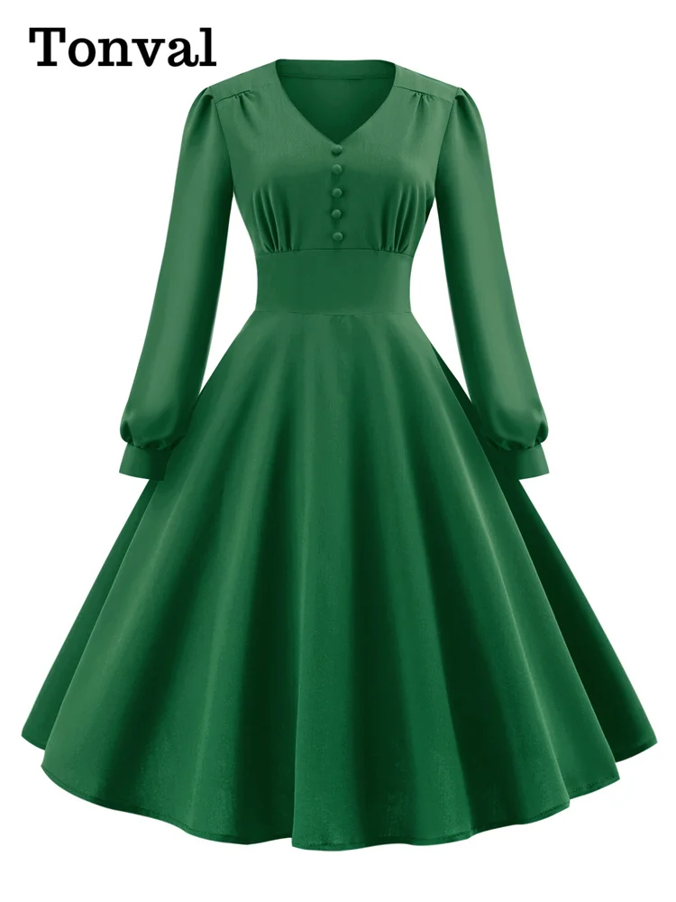 Tonval V-Neck Button Front High Waist Long Bishop Sleeve Women Elegant Autumn Clothes Green Solid Vintage Ladies Swing Dresses