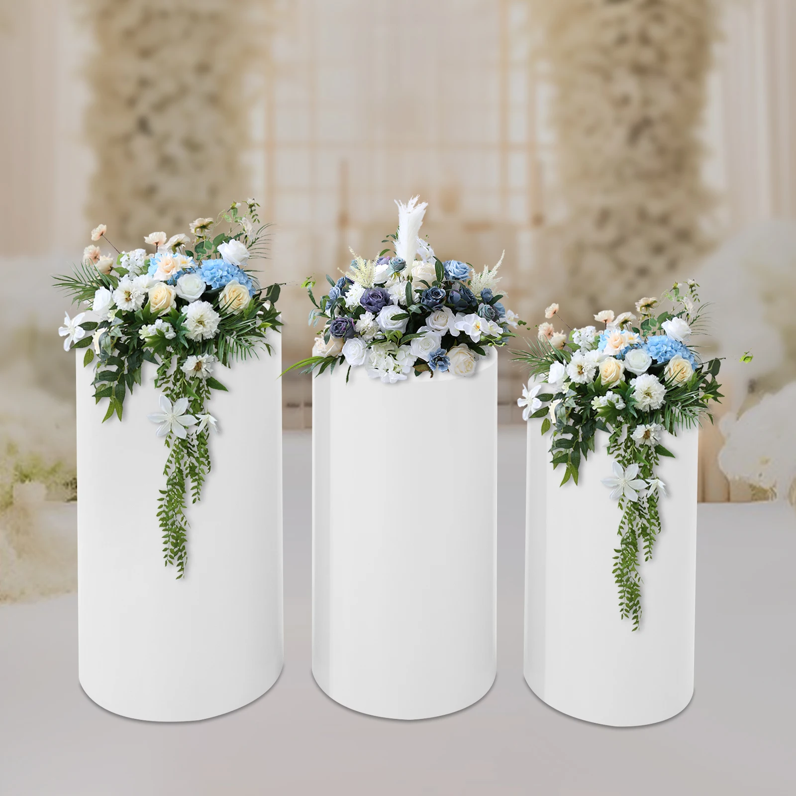 3 Pcs Cylindrical Display Stands Iron Wedding Cake Columns White Cylinder Stand Party Cylinder Base Stretchy Covers for Columns