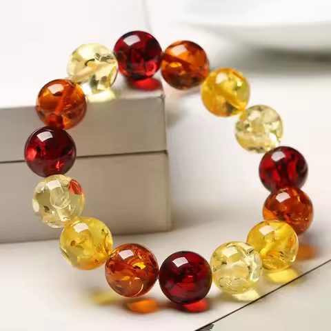 Baltic Amber Single Ring Bracelet Raw Mineral Beeswax Amber Multi Treasure Round Bead Accompanying Bracelet for Men and Women