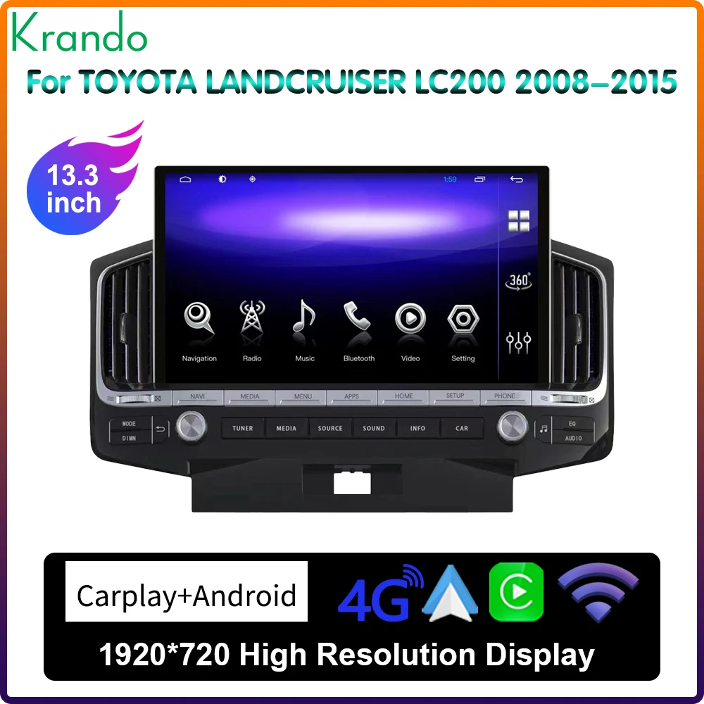 Krando 13.3 Inch Multimedia Car Video Carplay For TOYOTA Land Crusier LC200 GXR 2008-2015 Carplay Stereo Central Multimedia