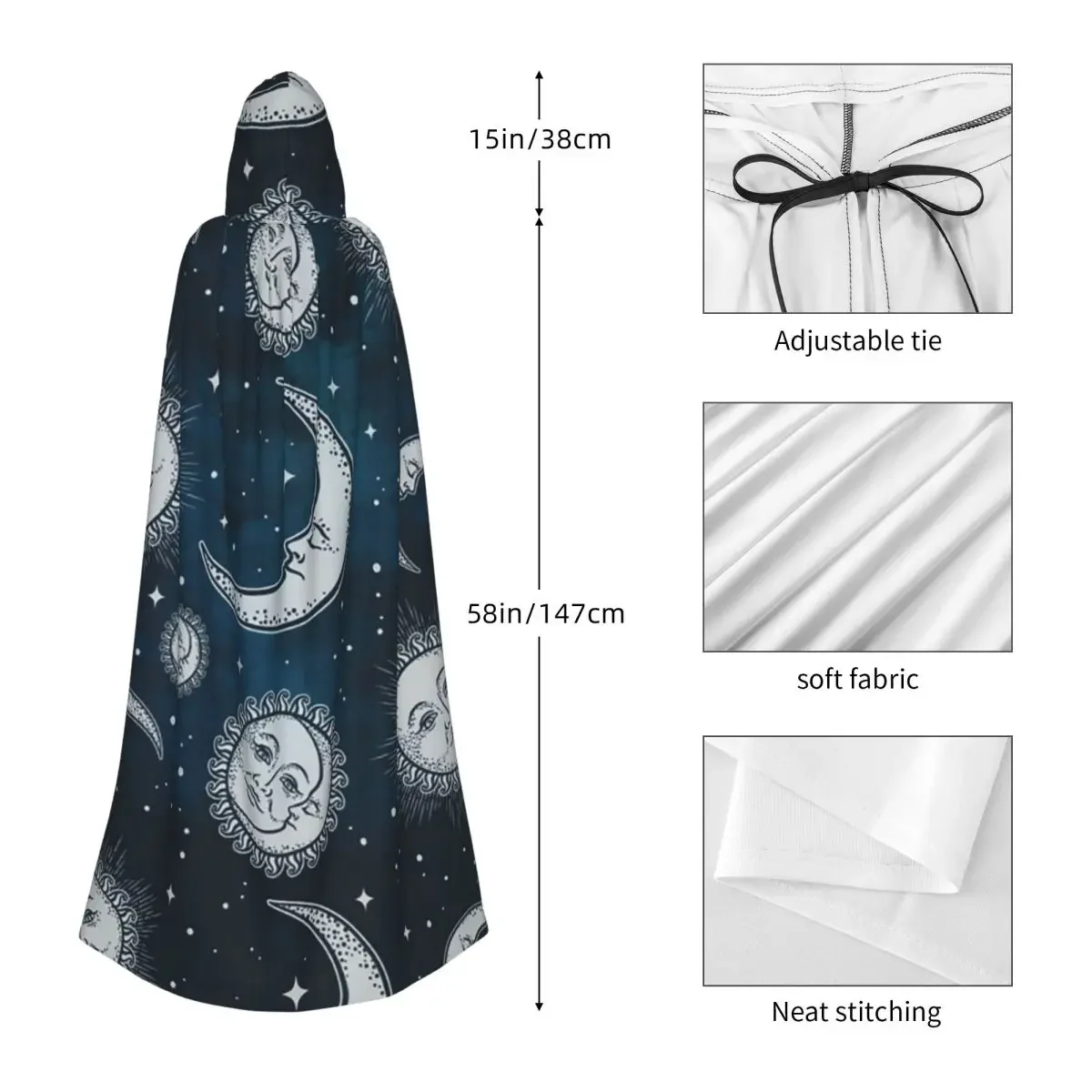Custom Celestial Mystic Esoteric Magic Sun Moon Long Hooded Cloak Witch Medieval Costume Cosplay Cape HalloweenParty Adult Unise
