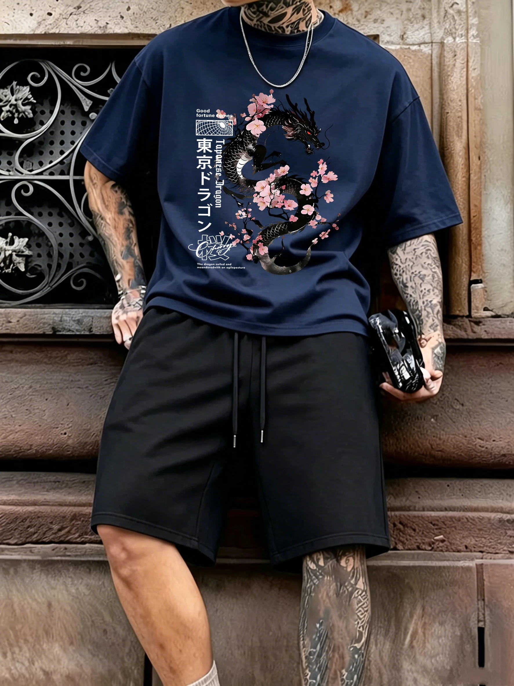 

Sakura Tokyo Dragon Prints Summer Cotton Simple Man T Shirt Sets Jogging Comfortable Sportpants Basics Breathable Unisex Tops