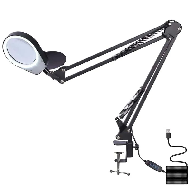 10X Magnifying Glass with Light and Clamp 3 Color Modes Stepless Dimmable LED Lamp Adjustable Swivel Arm Magnifier Lamp