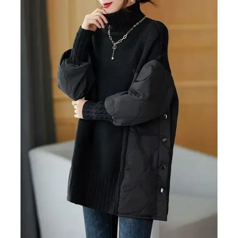 Fashion Turtleneck Spliced Button Solid Color Sweaters Women\'s Clothing Loose Casual Pullovers Commuter Warm Tops ERFRE