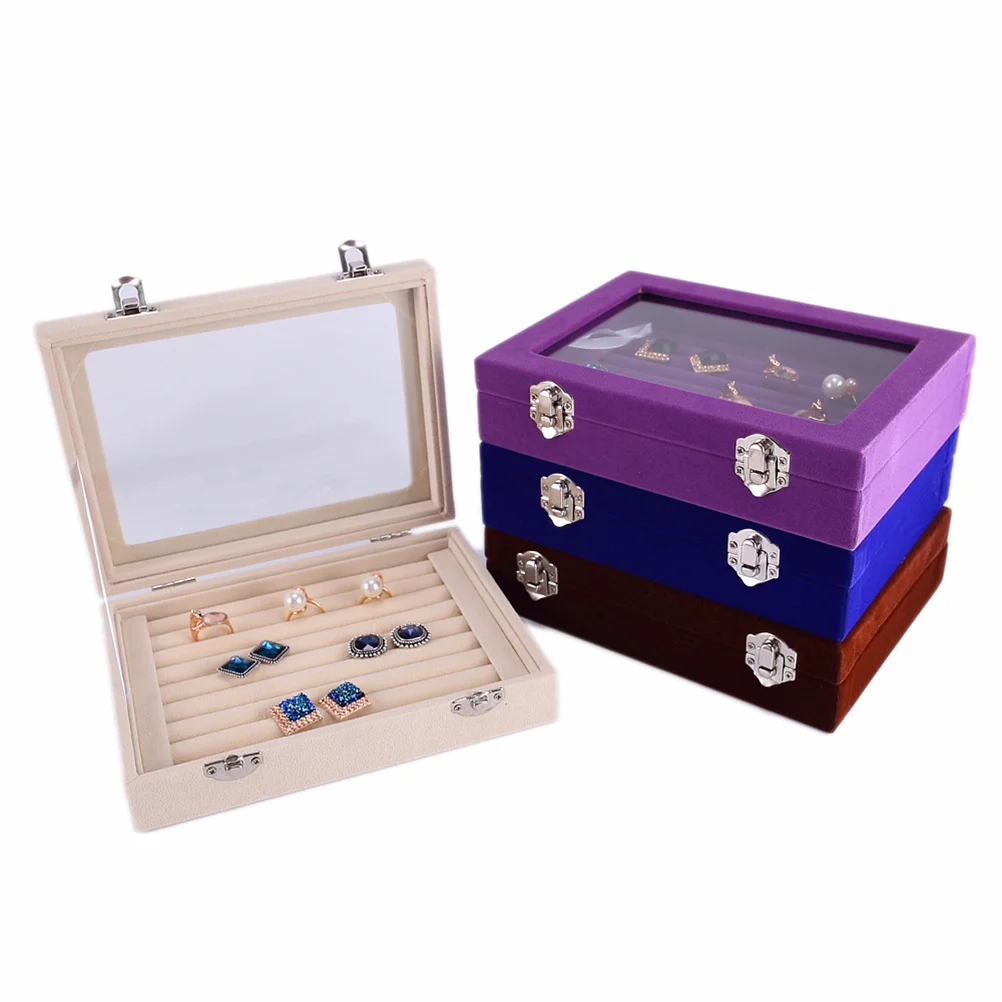 

Jewelry Box 20.5X15.5X5Cm Flocking Interior Clear Glass Lid Dustproof Lockable Storage For Rings Earrings Jewelry