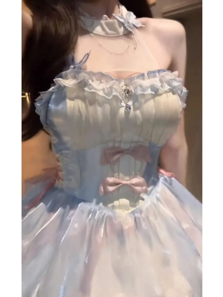 Apricot Blue Pink Lolita Style Super Pure Halter Spaghetti Straps Short Skirt Trailing Pettiskirt
