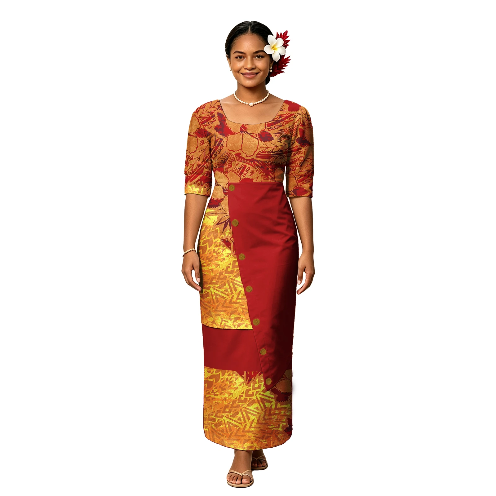 U-Neck Midi Sleeve Ladies Puletasi Polynesian Tribal Design Women Custom Clothes Floral Print Samoan Puletasi Dress 2 Piece Set