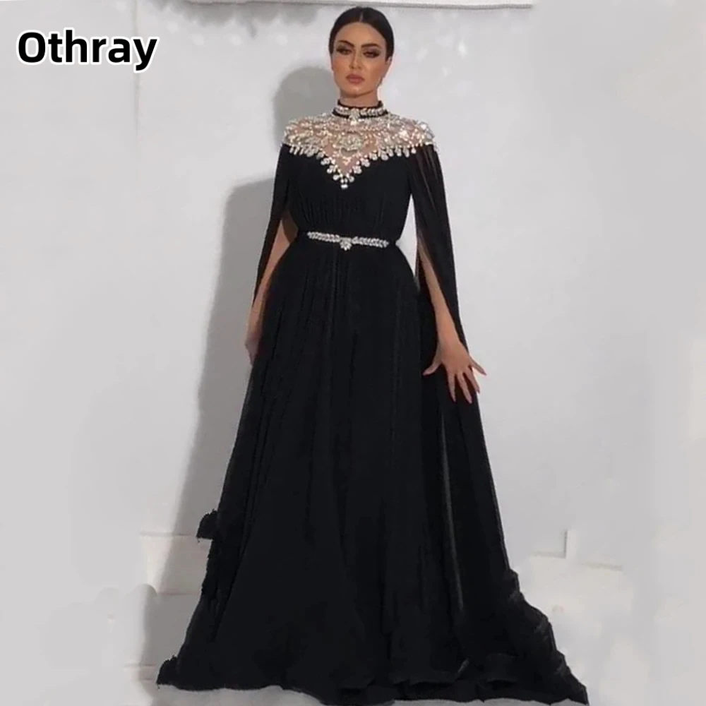 

Othray Kaftan Evening Dresses Sash Cape Long Sleeves Lace High Neck Dubai Prom Dress Chiffon Arabic Crystal Formal Prom Gowns