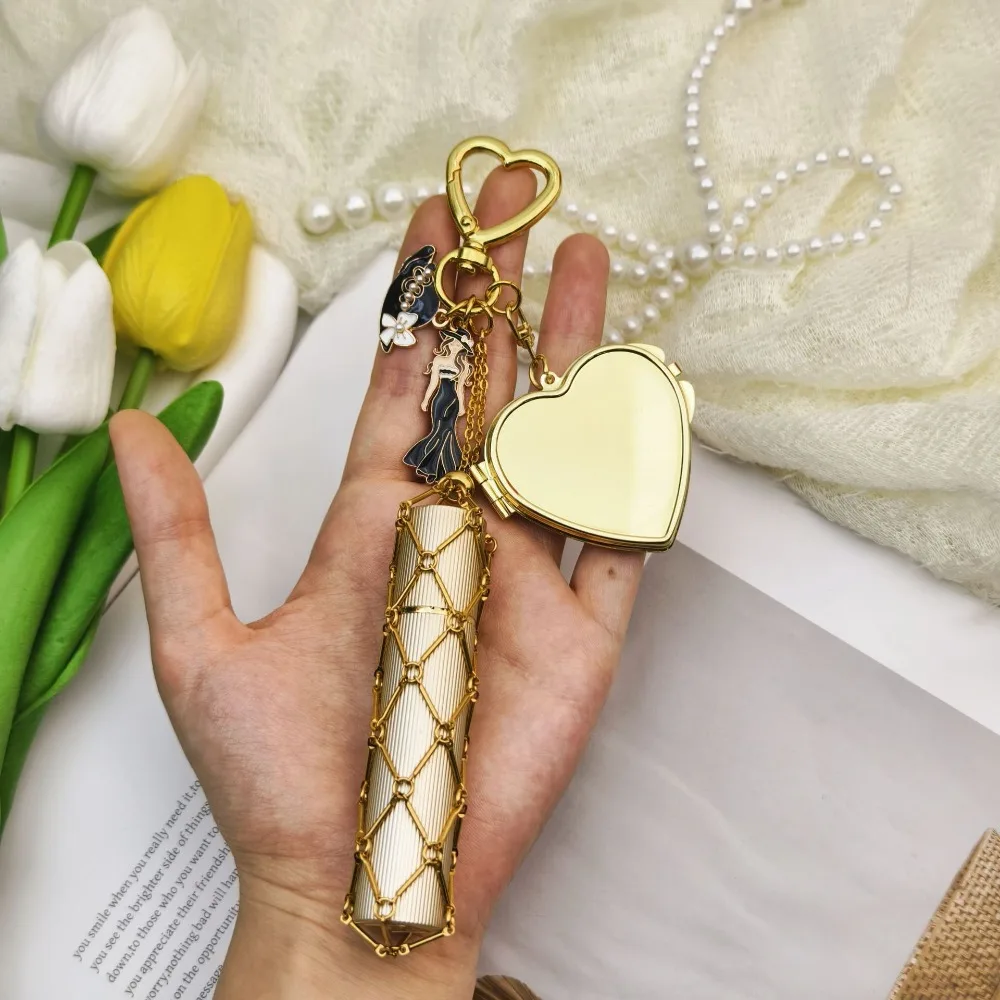 Fashionable Lipstick Storage Keychain Mini Mirror Woman Hat Enamel Charm Stylish Metal Mesh Bag Pendant Gift Young Girls view 3