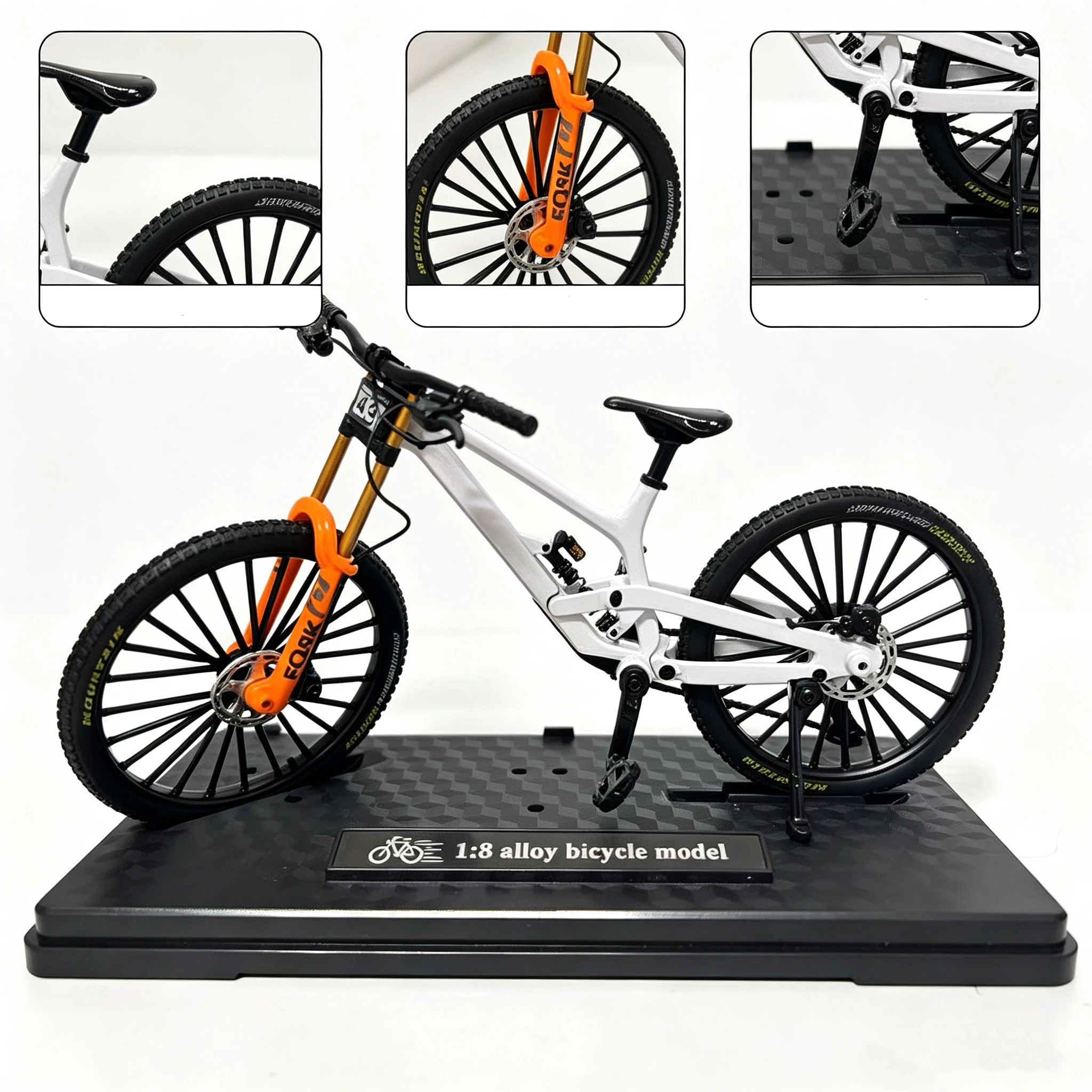 1:10 Model Downhill Mountain Bike Alloy Full Suspension Mini Bicycle Figure with Presentation Base, Collection, Table Decoration