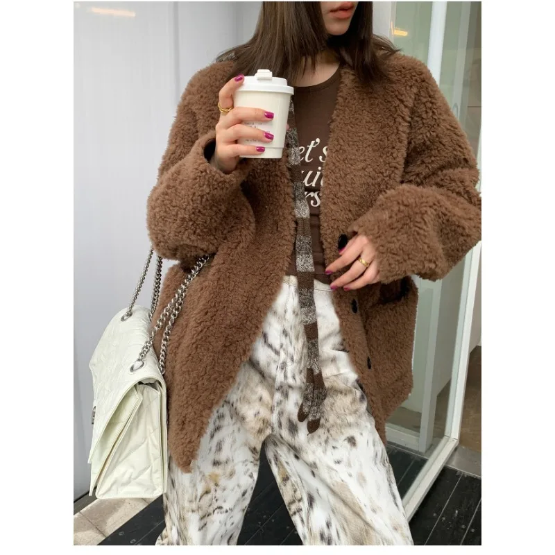 Autumn and Winter Mid-length Women High-end Teddy Brown Lamb Fur Female Fur Fashion Coat Sheep Shearling Warm Thick Coat Jacket