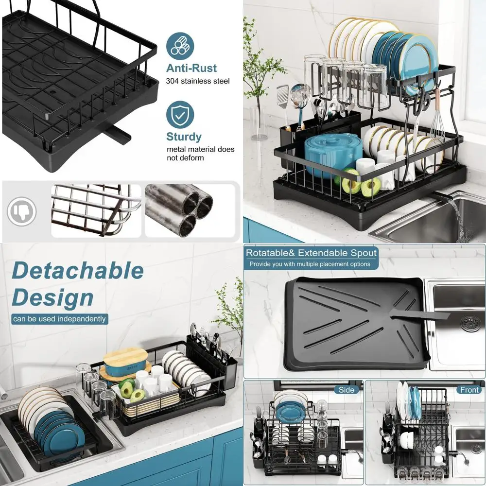 

Двухуровневая кухонная полка для посуды из нержавеющей стали с дренажной доской, держателем для посуды и съемными сливниками