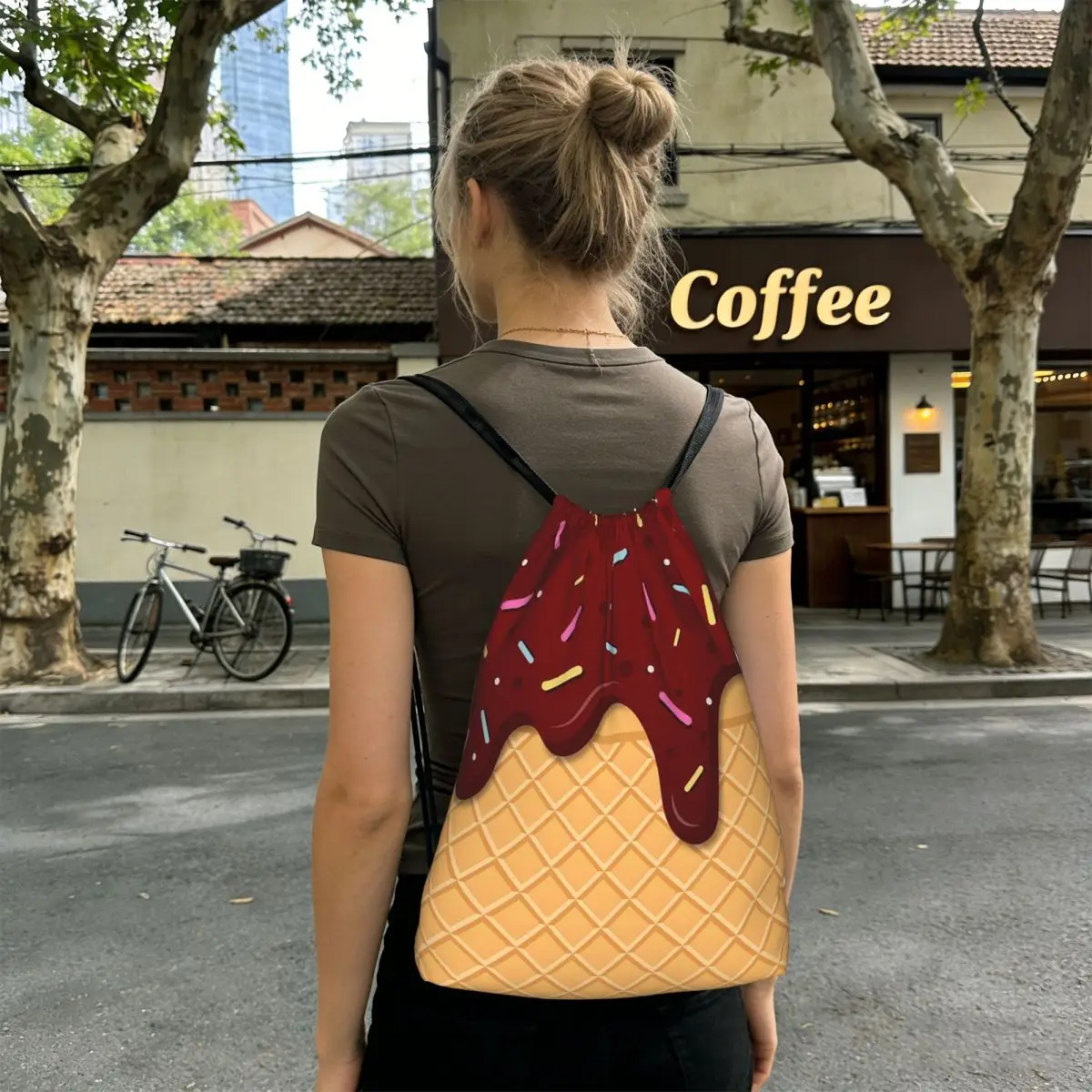 Ice Cream Waffle With Chocolate Backpacks Casual Drawstring Bundle Pocket Sports Bag Book Bags for Man Woman School