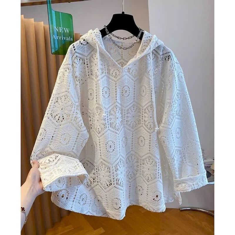 Crochet T-shirts for Women Hooded Sunscreen Lace Semi-sheer Fabric Tops Oversized Casual Korean Style Smock 2026 Summer Clothes
