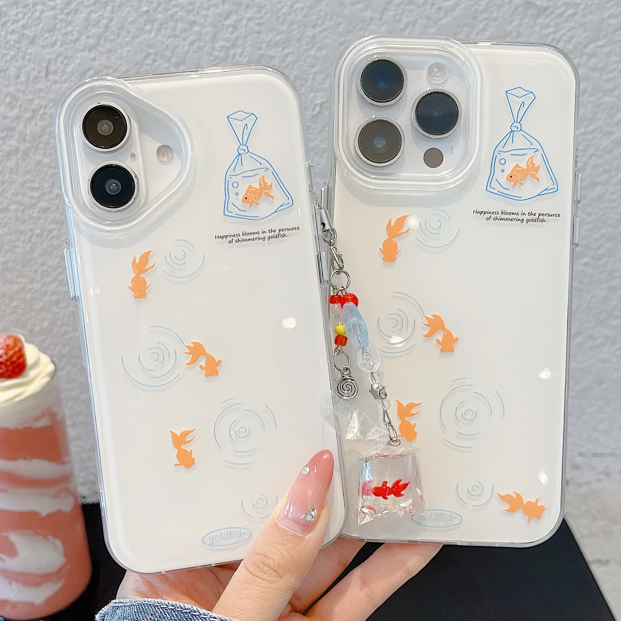 

IMD Cute Goldfish Water Ripples Phone Case for iPhone 13 14 15 16 Pro Max Jelly Shell Cover Creative Fish Pendant Girly Gifts