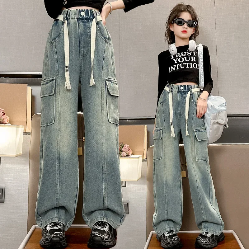 Girls Trousers Big Pocket Jeans 2024 Spring and Summer New Large Children Loose Cargo Pants Stylish Baggy Pants Simple Casual