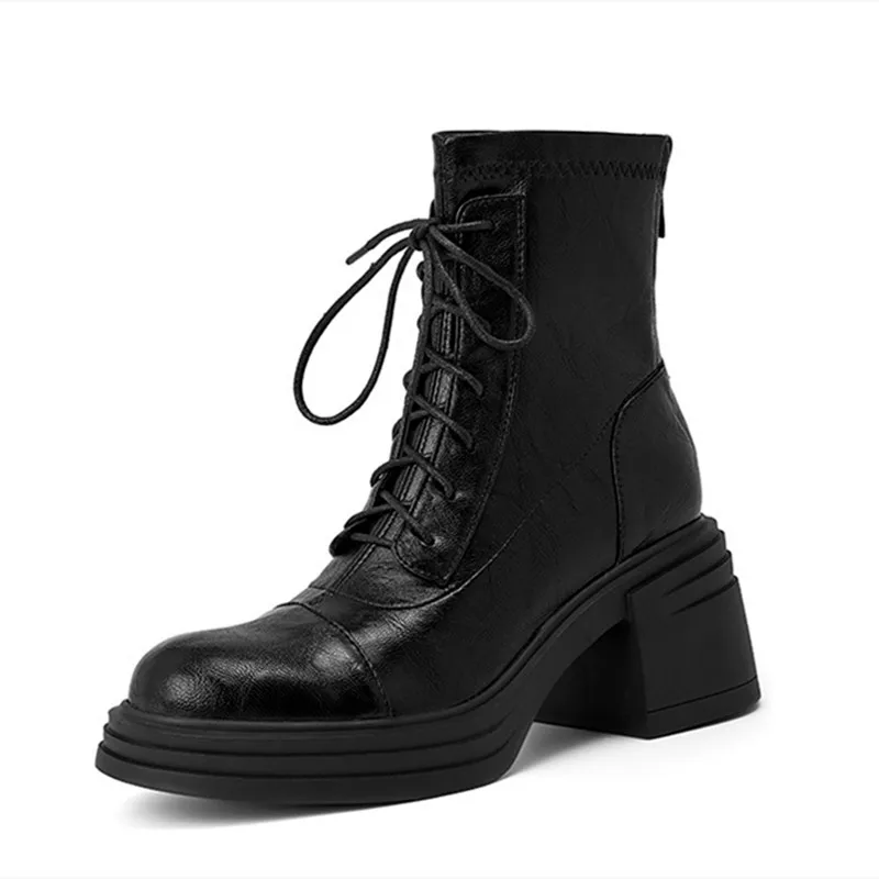 

Retro Chunky Heel Lace-Up Ankle Boots Women Rear Zip Design Riding Boots Stretch Non-slip Waterproof Western Boots for Women