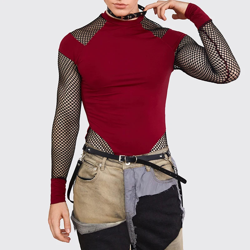 INCERUN 2026 Men Bodysuits Mesh Patchwork O-neck Casual Long Sleeve Bodysuit Sexy See Through Streetwear Male Rompers Playsuits
