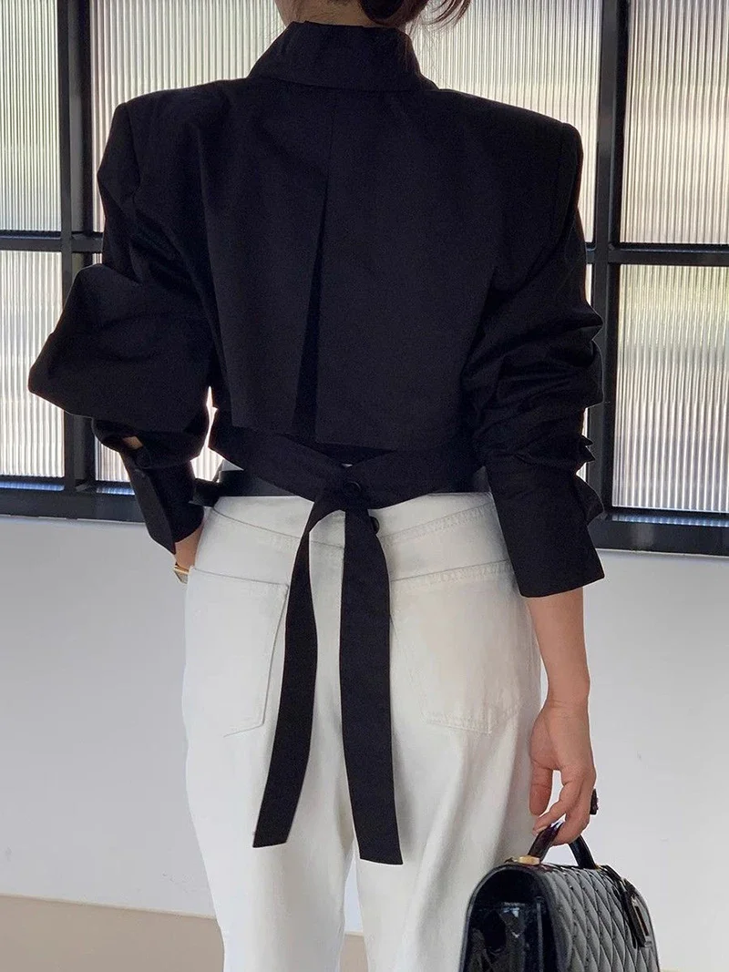 

Vintage Cropped White Shirts Women Back Lace Up Design Korean Blouse Casual Long Sleeve Lady Elegant Hollow Out Spring Tops