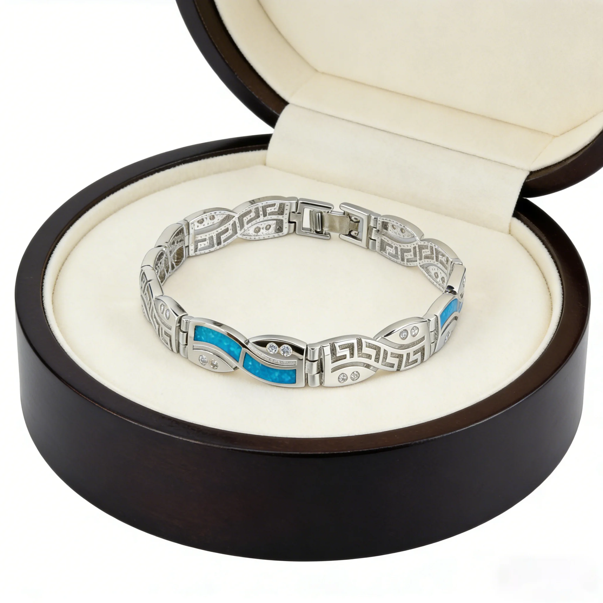 Blue Opal Inlay Bracelet with Greek Key Pattern – Vibrant Blue Gemstone Geometric Statement Band for Women Perfect Gift for Her