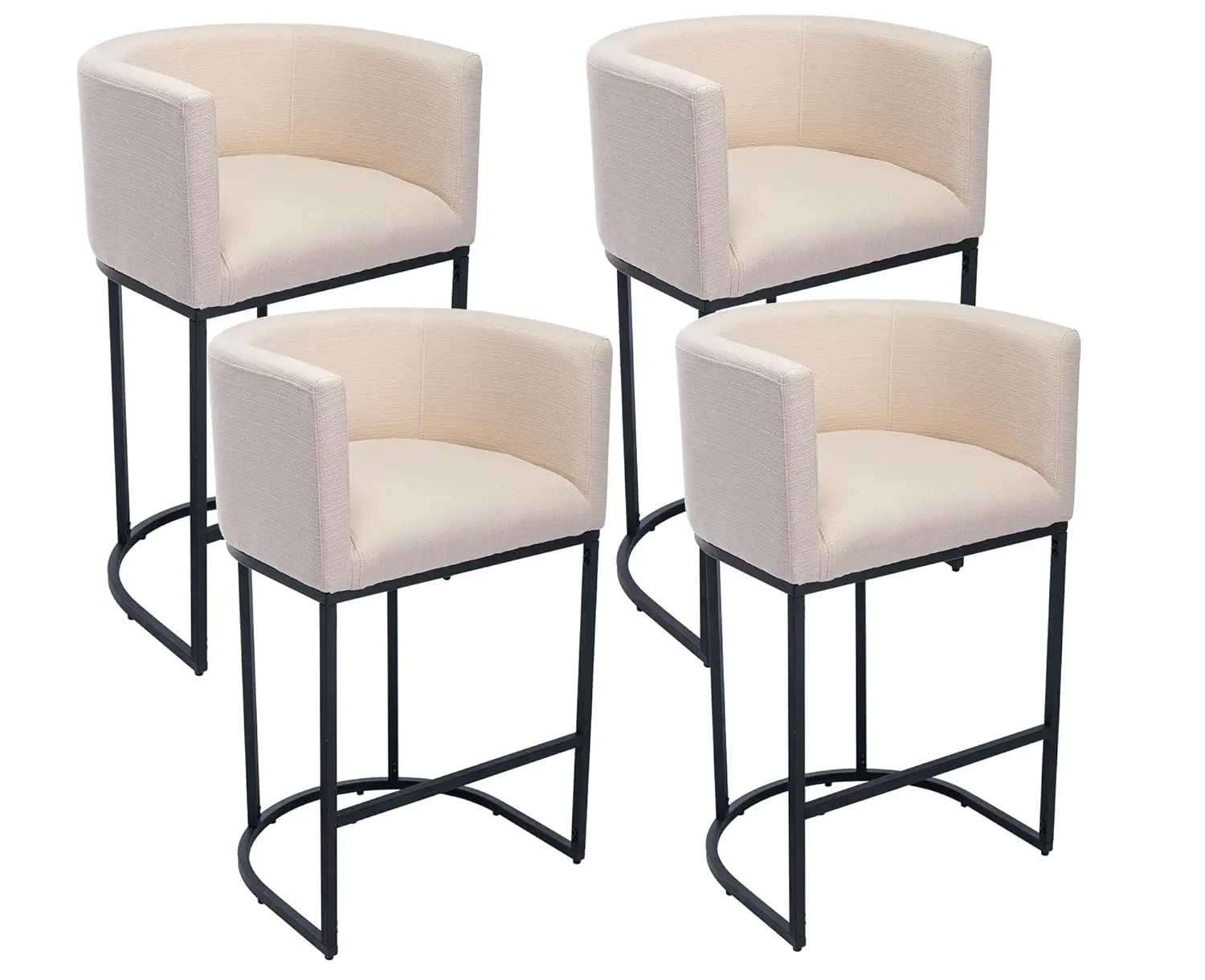 

29" Bar Stool Barrel Back Arms Upholstered Seat Linen Metal Frame Kitchen Island Set 4 Cream, Customized
