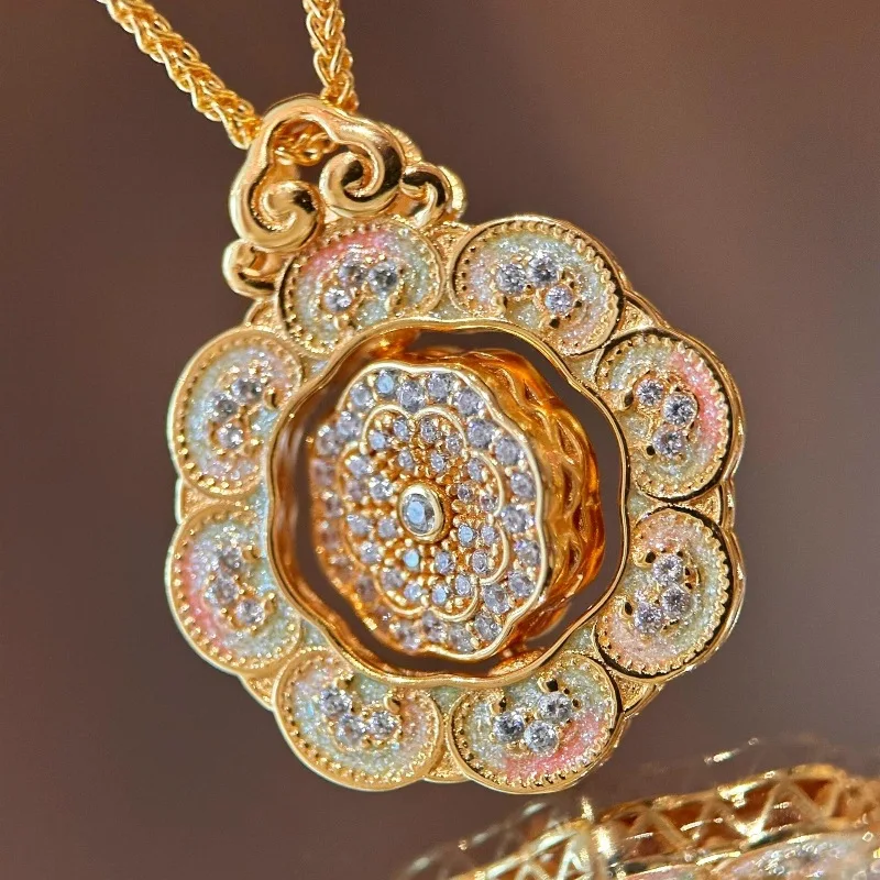 Vintage-Halskette mit vollem Diamant, exquisite Sonnenblume, neu im chinesischen Stil, Emaille, rotierender Anhänger, Bankett-Schmuck, Geschenke