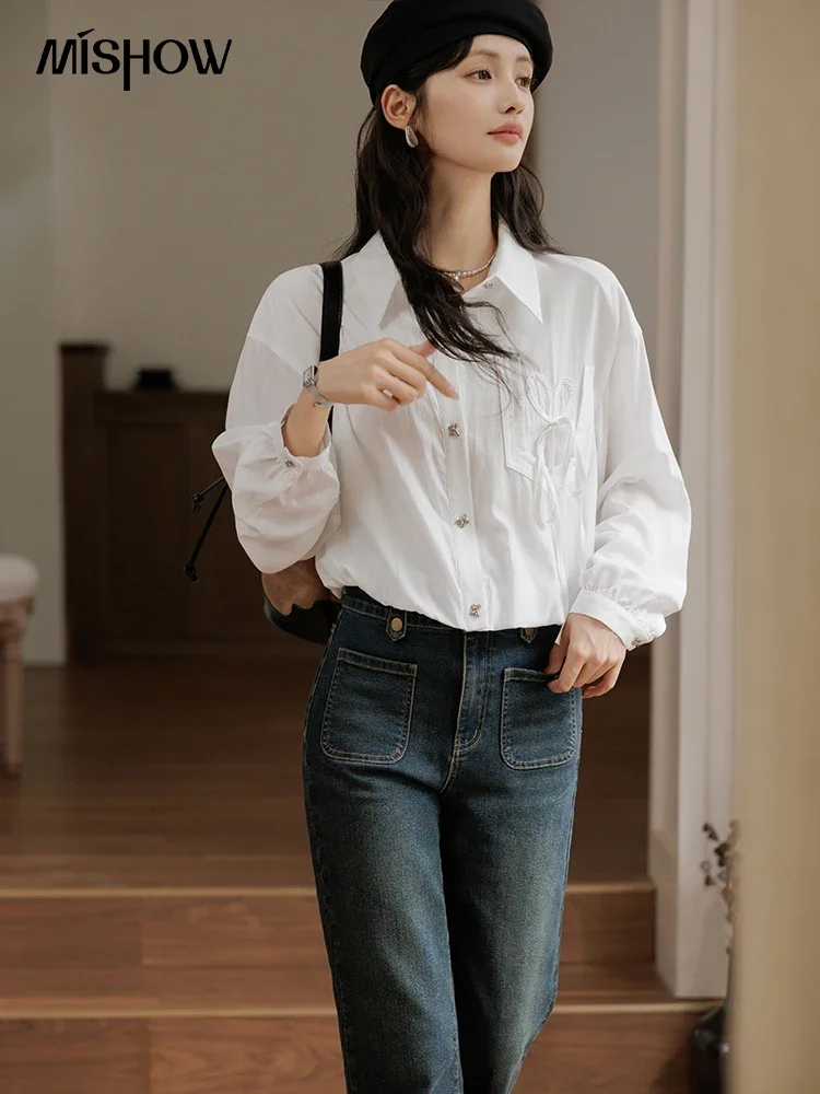 MISHOW Love Bow Lapel Shirt 2024 Autumn Placket Metal Butterfly Button Top Versatile Drop Sleeve Solid Commute Shirts MXD44C0335