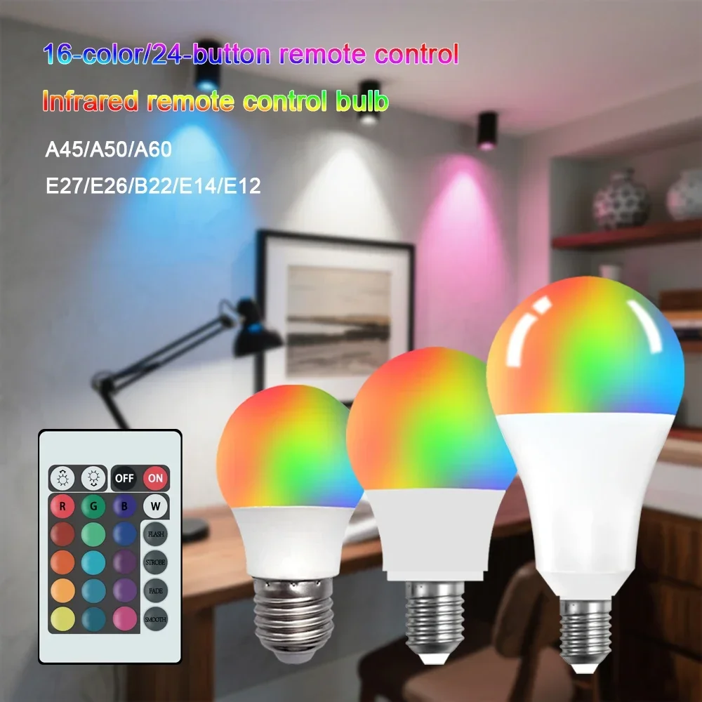 

16-цветная лампа RGBW LEDE27B22E14, цоколь 85-265 В, домашнее освещение с регулируемой яркостью, 24-клавишный пульт дистанционного управления, атмосферный неоновый свет