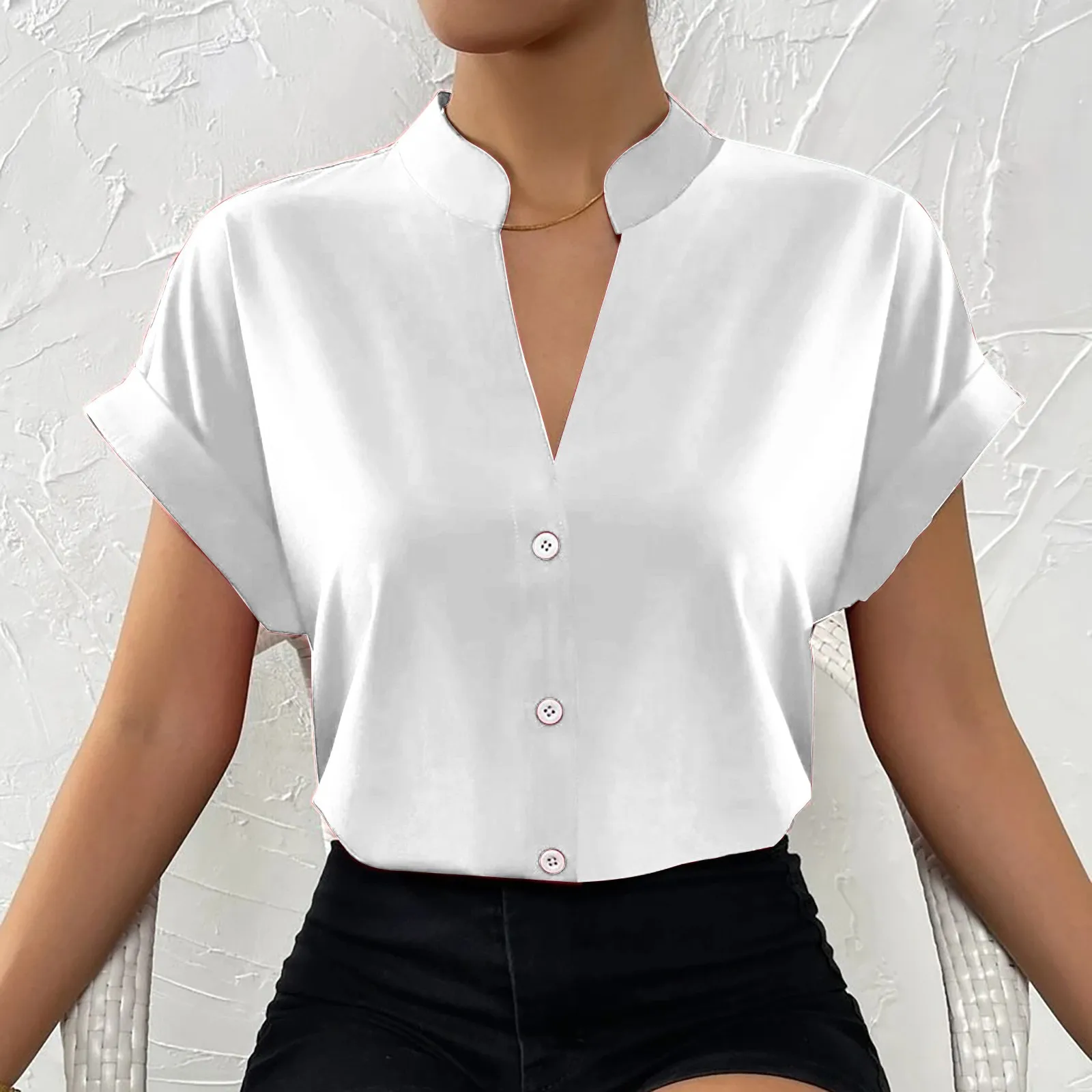 Elegant Women Blouse 2023 Summer Simple Tops Solid Slim Fit V-neck Button Office Commuter Female White Shirts Tunic Blusas Mujer