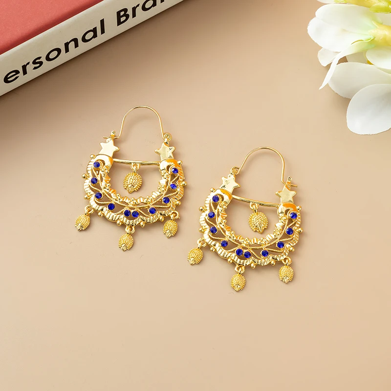 Middle Eastern Style Golden Hoop Earrings Rhinestone Inlaid Star Coin Tassel Earrings For Wedding Banquet Party Dress Jewelry